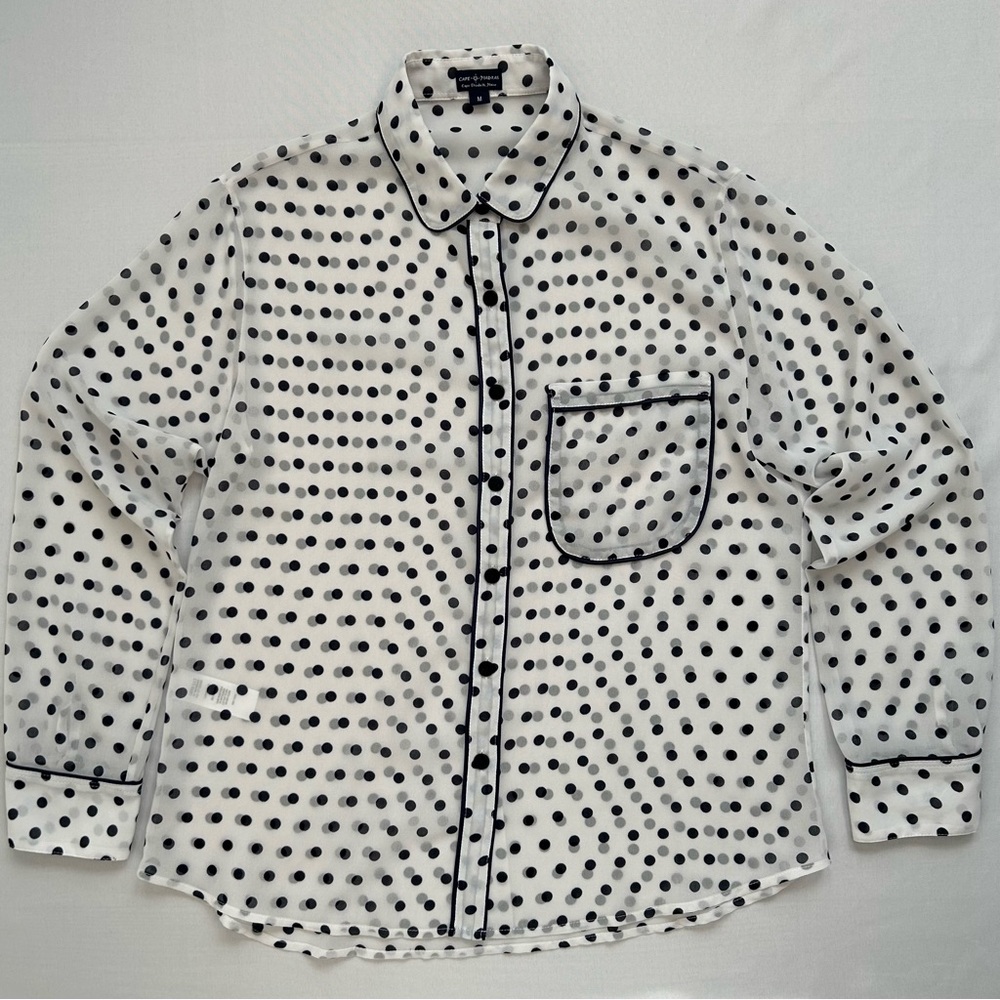 Cape Madras Sheer Polka Dot Button Up Blouse White Navy Blue Medium